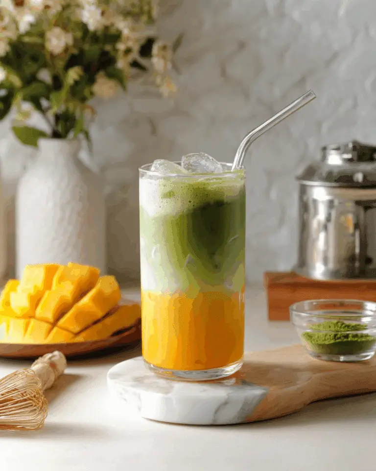 Iced Mango Matcha Latte in a clear glass with layered yellow mango and green matcha over ice.