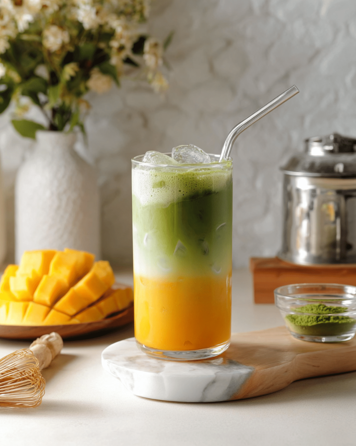 Iced Mango Matcha Latte in a clear glass with layered yellow mango and green matcha over ice.