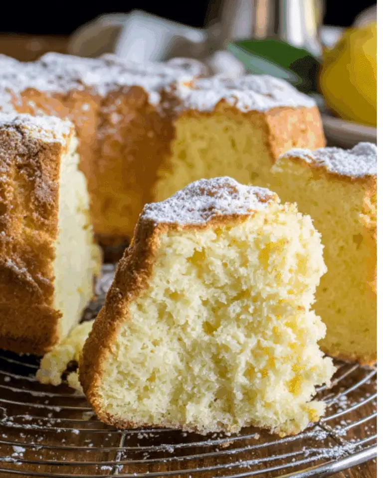 Freshly sliced Italian Limoncello cake with a light, fluffy texture and dusted with powdered sugar.