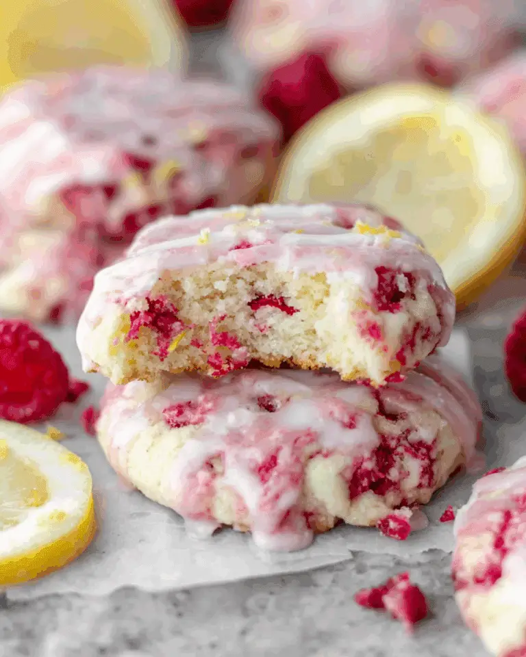 Lemon Raspberry Cookies with a drizzle of glaze and visible raspberry and lemon zest pieces