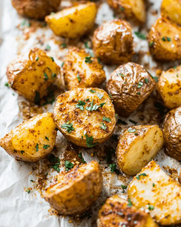 Crispy roasted Mexican potatoes garnished with fresh chopped herbs on a parchment-lined baking tray.