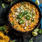 Skillet of Mexican Street Corn Dip topped with jalapeño slices, cotija cheese, cilantro, and served with tortilla chips and lime wedges.