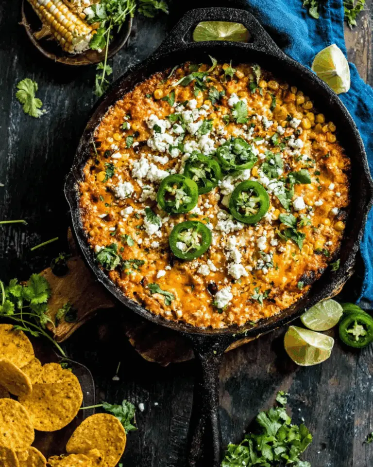Skillet of Mexican Street Corn Dip topped with jalapeño slices, cotija cheese, cilantro, and served with tortilla chips and lime wedges.