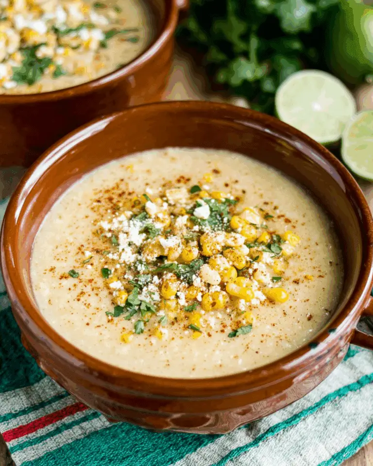 A bowl of Mexican street corn soup topped with roasted corn, cotija cheese, cilantro, and chili powder.