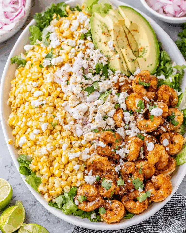A colorful bowl of Mexican Street Corn and Shrimp salad featuring grilled shrimp, fresh corn, avocado slices, lettuce, cotija cheese, and red onions.
