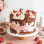 Neapolitan cake decorated with swirls of chocolate, vanilla, and strawberry frosting, topped with fresh strawberries.