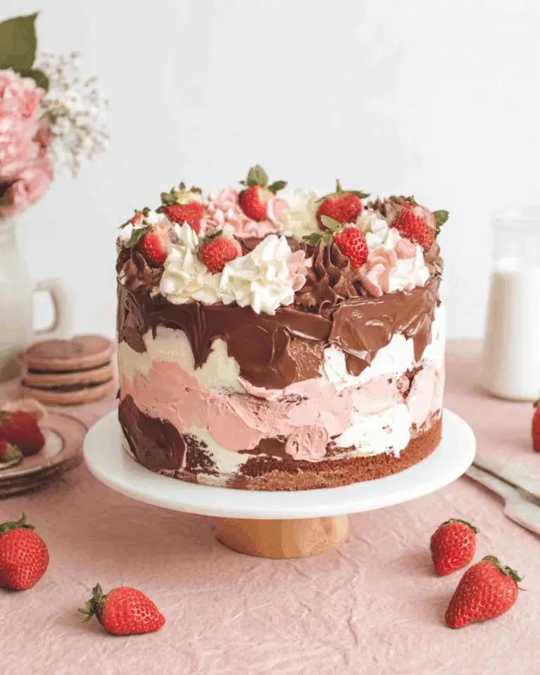 Neapolitan cake decorated with swirls of chocolate, vanilla, and strawberry frosting, topped with fresh strawberries.