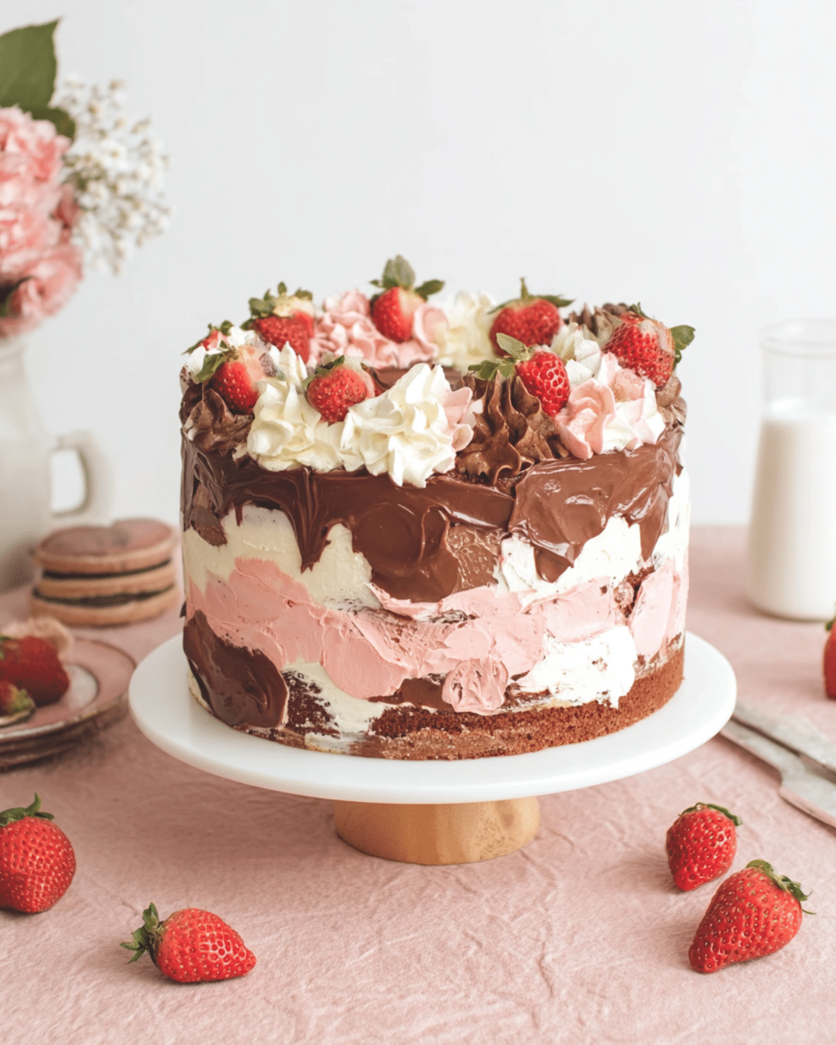 Neapolitan cake decorated with swirls of chocolate, vanilla, and strawberry frosting, topped with fresh strawberries.