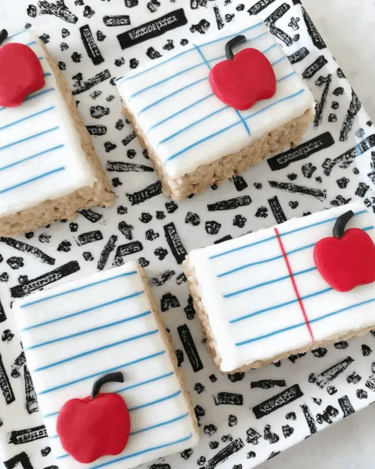 Notebook paper Rice Krispies treats decorated with white icing, blue and red lines, and red apple toppers on a school-themed plate.