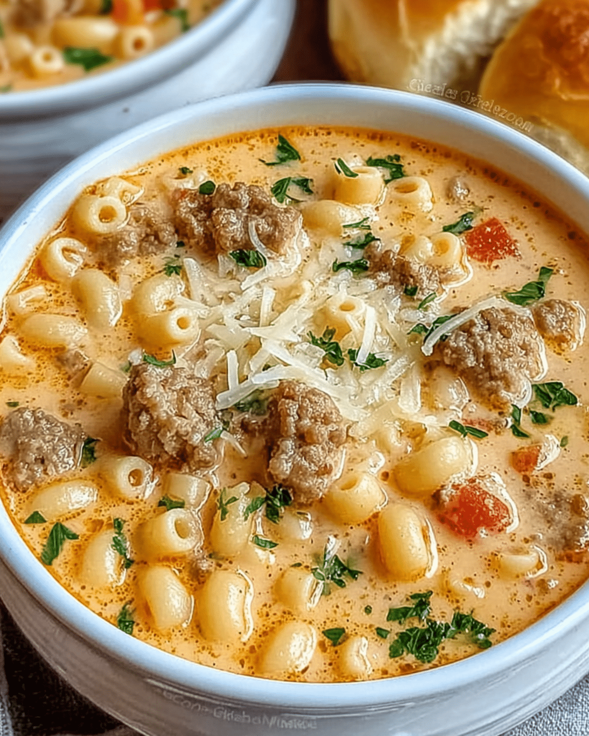 A bowl of creamy parmesan Italian sausage ditalini soup topped with grated cheese and fresh parsley.