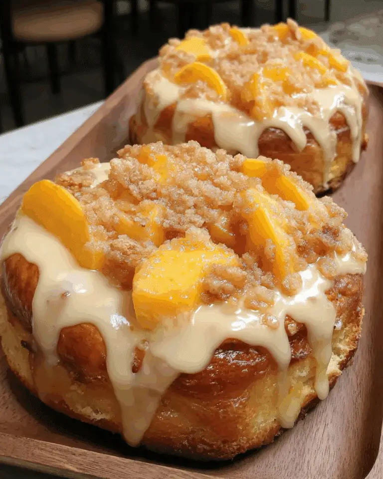 Close-up of two peach brioche pastries topped with fresh peach slices, crumble, and a drizzle of icing on a wooden tray.