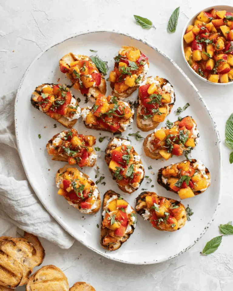 Peach bruschetta topped with ricotta, fresh basil, and diced peaches on toasted bread, arranged on a white platter.