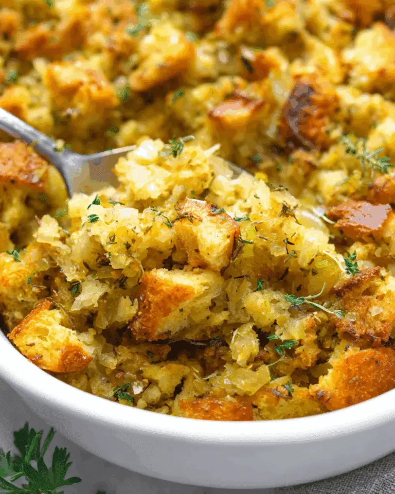 Close-up of perfect homemade stuffing with golden toasted bread cubes, herbs, and vegetables in a white serving dish.