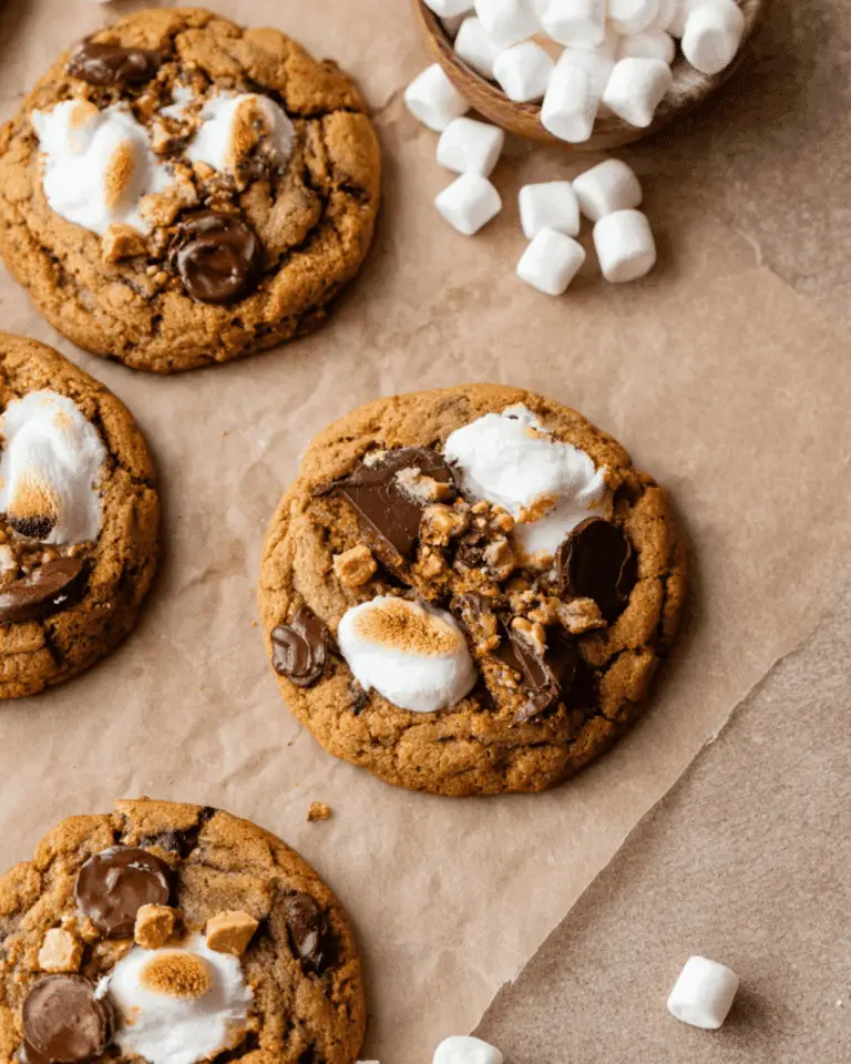 Pumpkin S'mores Cookies topped with toasted marshmallows, melted chocolate, and graham cracker chunks on parchment paper.
