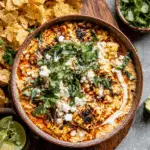 Bowl of quick elote-inspired corn dip topped with charred corn, crumbled cheese, cilantro, and served with tortilla chips.