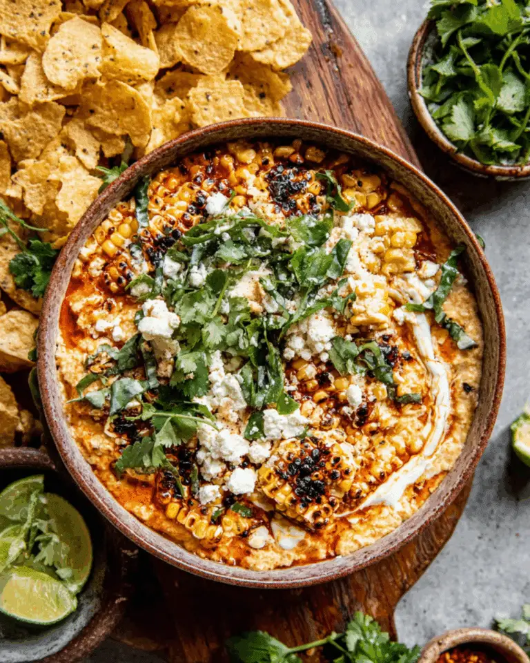 Bowl of quick elote-inspired corn dip topped with charred corn, crumbled cheese, cilantro, and served with tortilla chips.