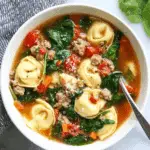 Sausage Tortellini Soup with Spinach in a white bowl, filled with cheese tortellini, sausage, tomatoes, carrots, and fresh spinach.