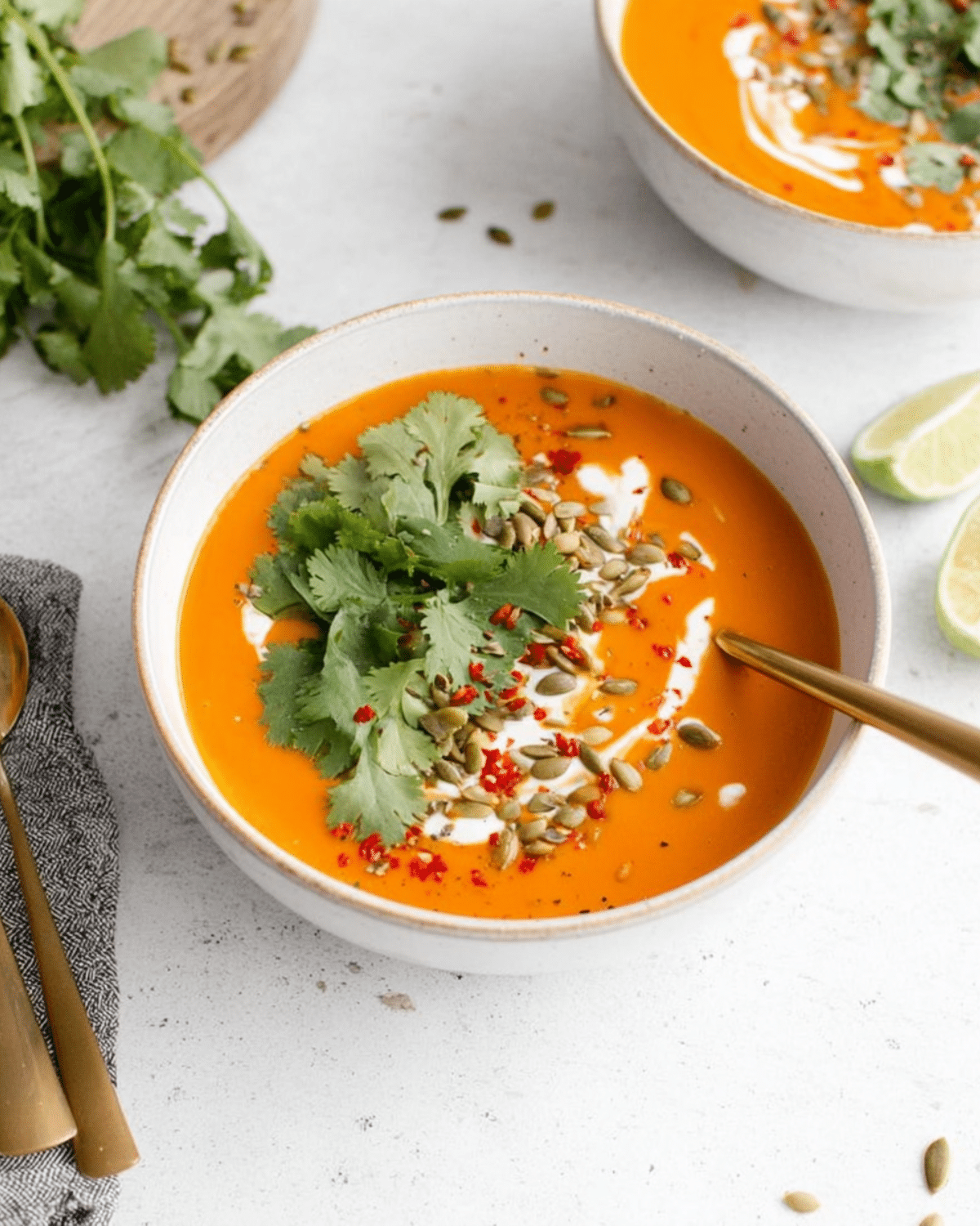 Spicy Butternut Squash Sweet Potato Soup topped with cilantro, pumpkin seeds, red chili flakes, and a swirl of cream in a white bowl.