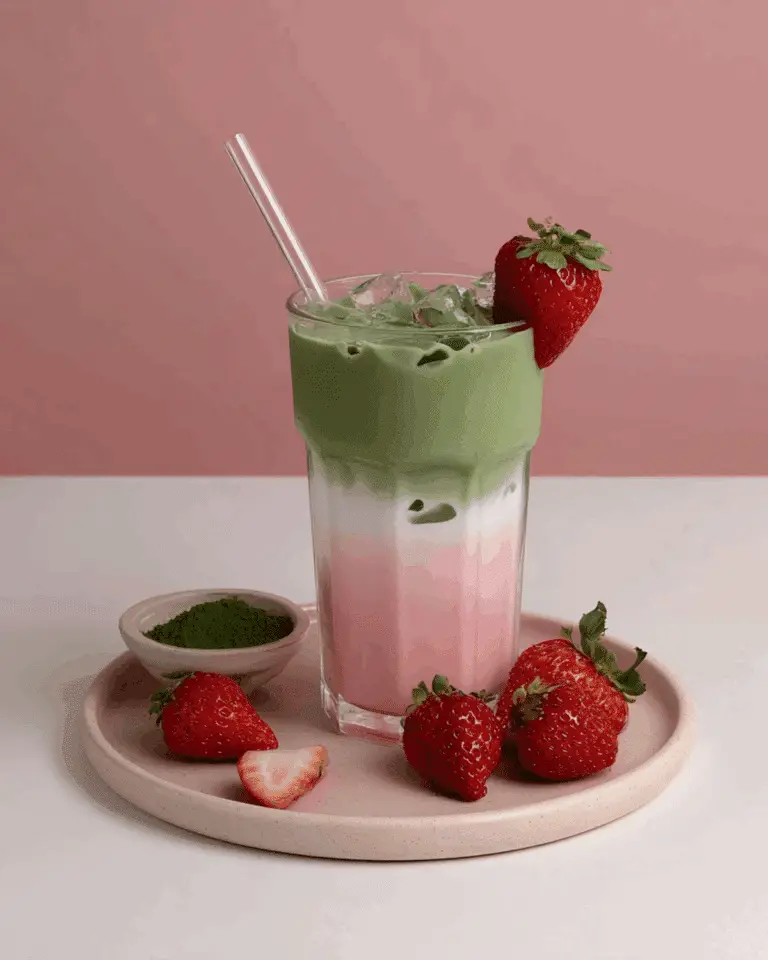 Strawberry Matcha Latte in a clear glass with pink strawberry milk and green matcha layers, topped with ice and fresh strawberry garnish.