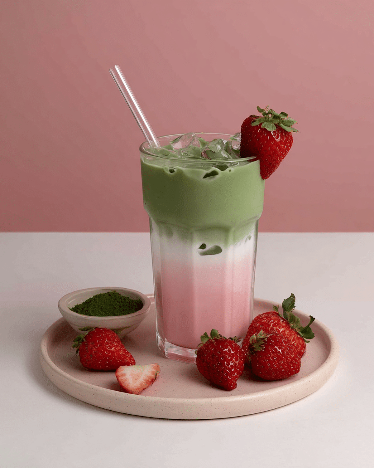 Strawberry Matcha Latte in a clear glass with pink strawberry milk and green matcha layers, topped with ice and fresh strawberry garnish.
