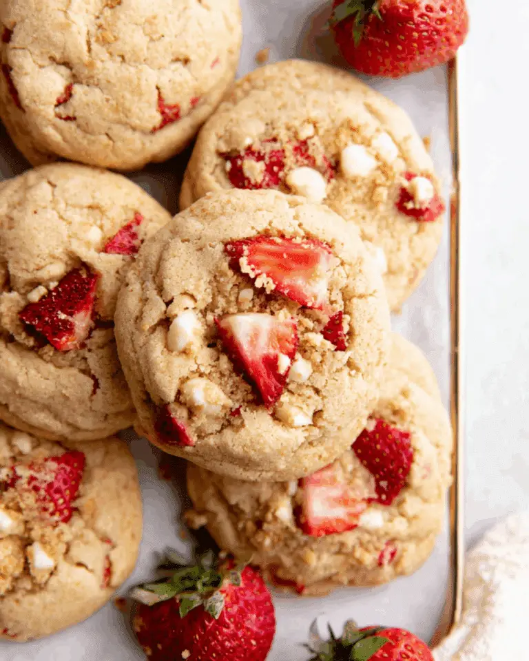 Soft and chewy strawberry shortcake cookies topped with fresh strawberry chunks and white chocolate chips, arranged on a tray.