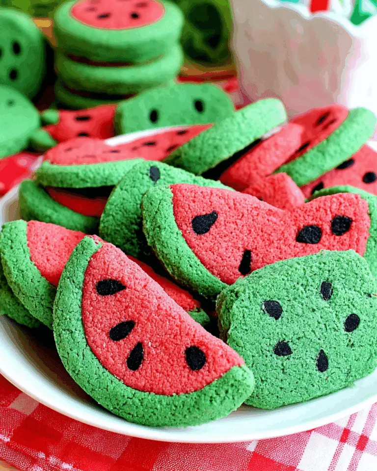 Colorful watermelon sugar cookies shaped like watermelon slices, with green edges, red centers, and black seed details on a white plate.