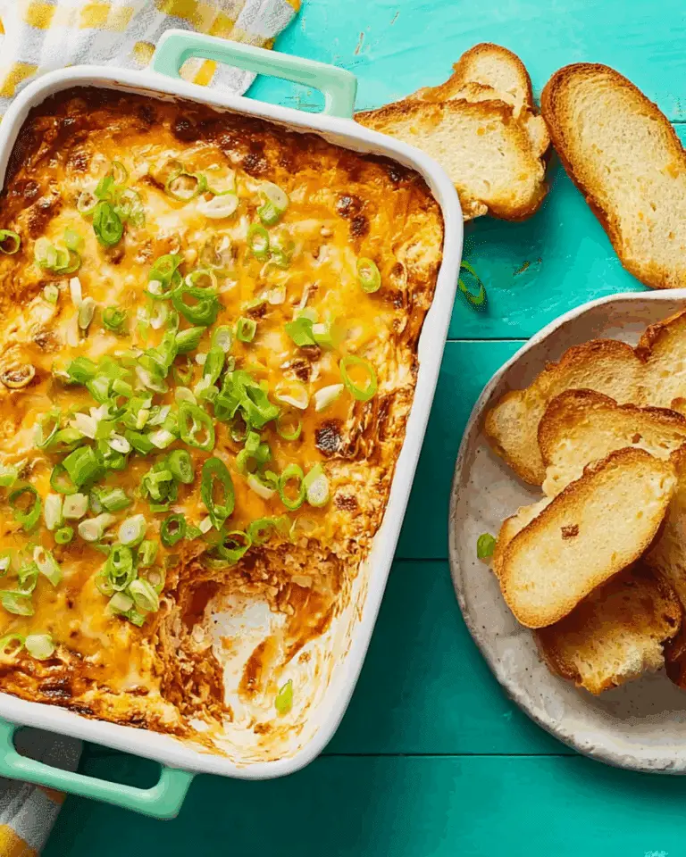 Baked Texas Trash Dip topped with melted cheese and chopped green onions, served with toasted bread slices on the side.