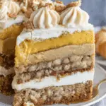 Thanksgiving Piecaken slice featuring layers of pumpkin pie, pecan pie, spice cake, cheesecake, and whipped frosting, topped with piped cream and chopped pecans.
