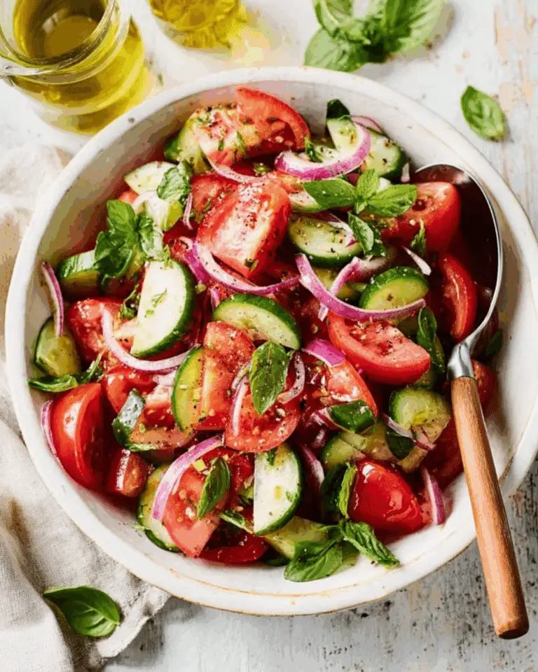Bowl of tomato, cucumber and onion salad with fresh basil and a drizzle of olive oil.