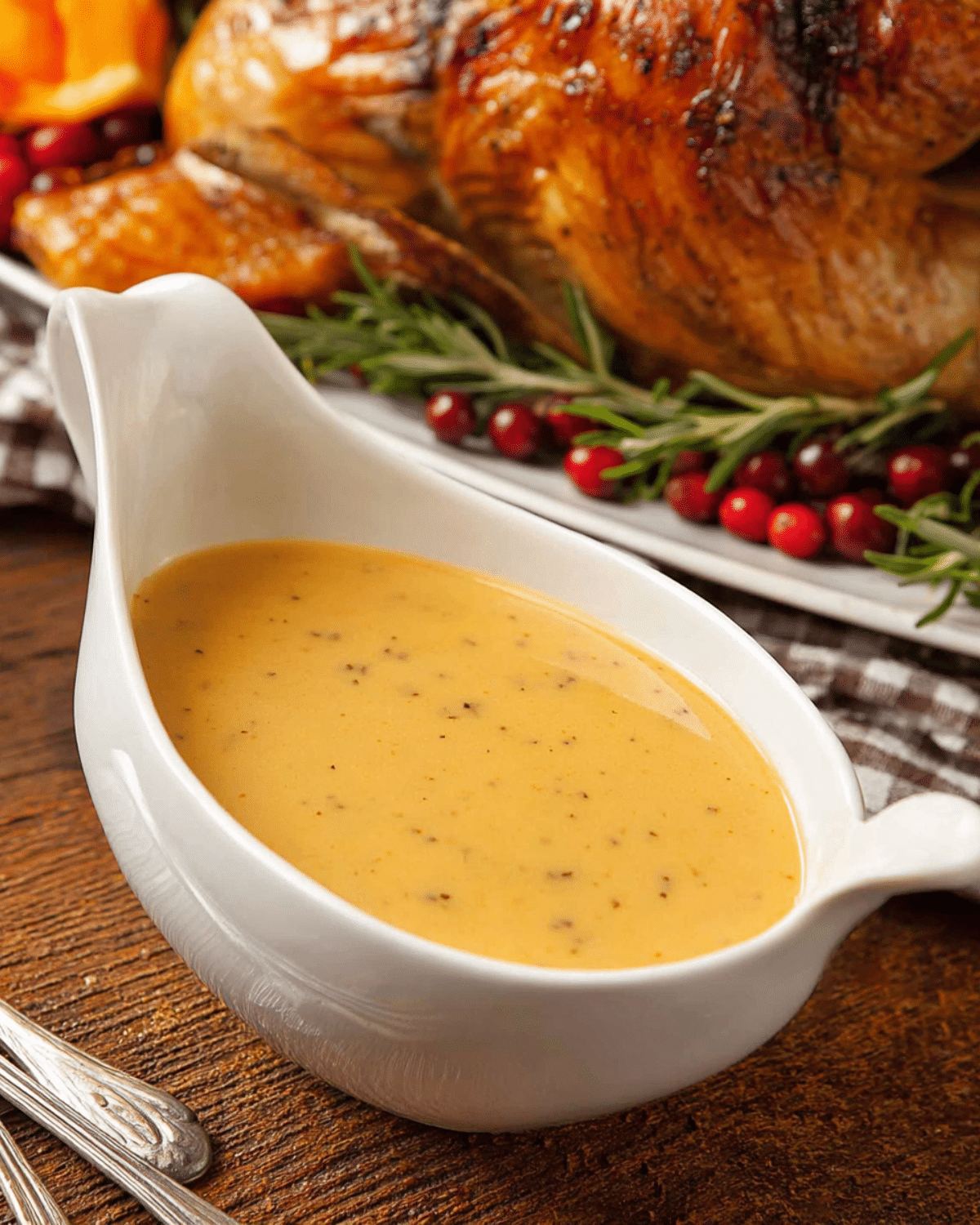 Turkey Gravy served in a white gravy boat, placed in front of a roasted turkey garnished with rosemary and cranberries.
