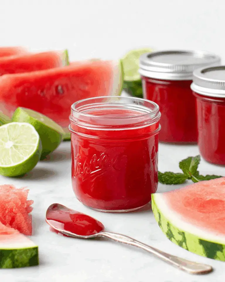 Glass jars filled with bright red watermelon jelly, surrounded by fresh watermelon slices, limes, and a spoonful of jelly.