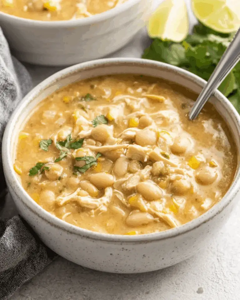 Bowl of white chicken chili with white beans, shredded chicken, corn, and garnished with cilantro.