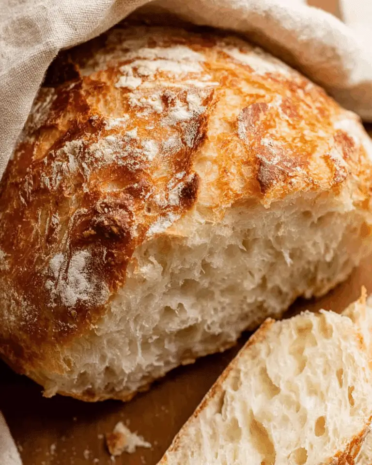 Close-up of rustic Yeast Bread with a golden crust and airy interior on a wooden surface.