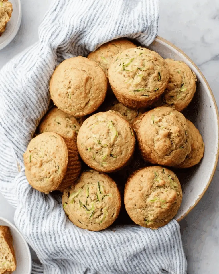 Freshly baked zucchini muffins in a bowl lined with a striped cloth.