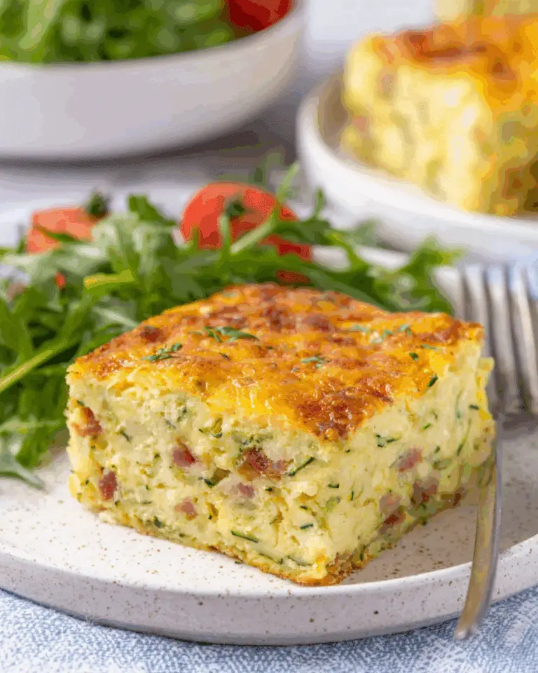 A thick, golden slice of zucchini and bacon slice served on a plate with fresh greens and cherry tomatoes.