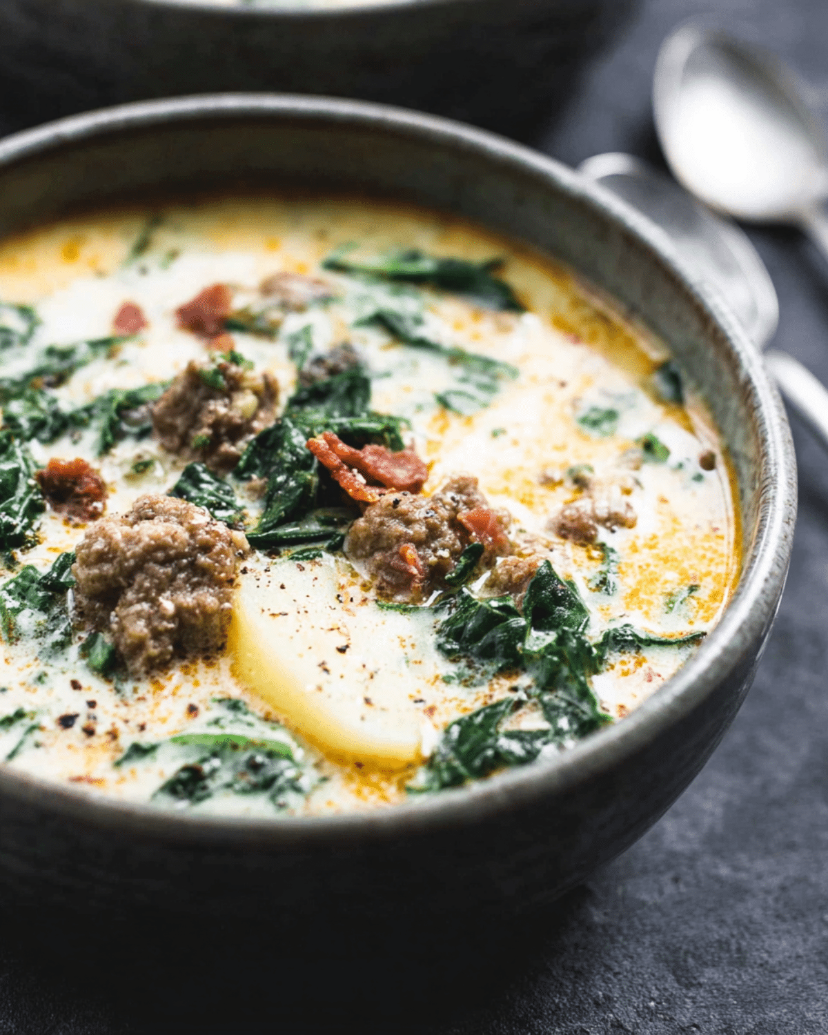 A bowl of Zuppa Toscana soup filled with sausage, kale, potatoes, and a creamy broth, topped with black pepper.