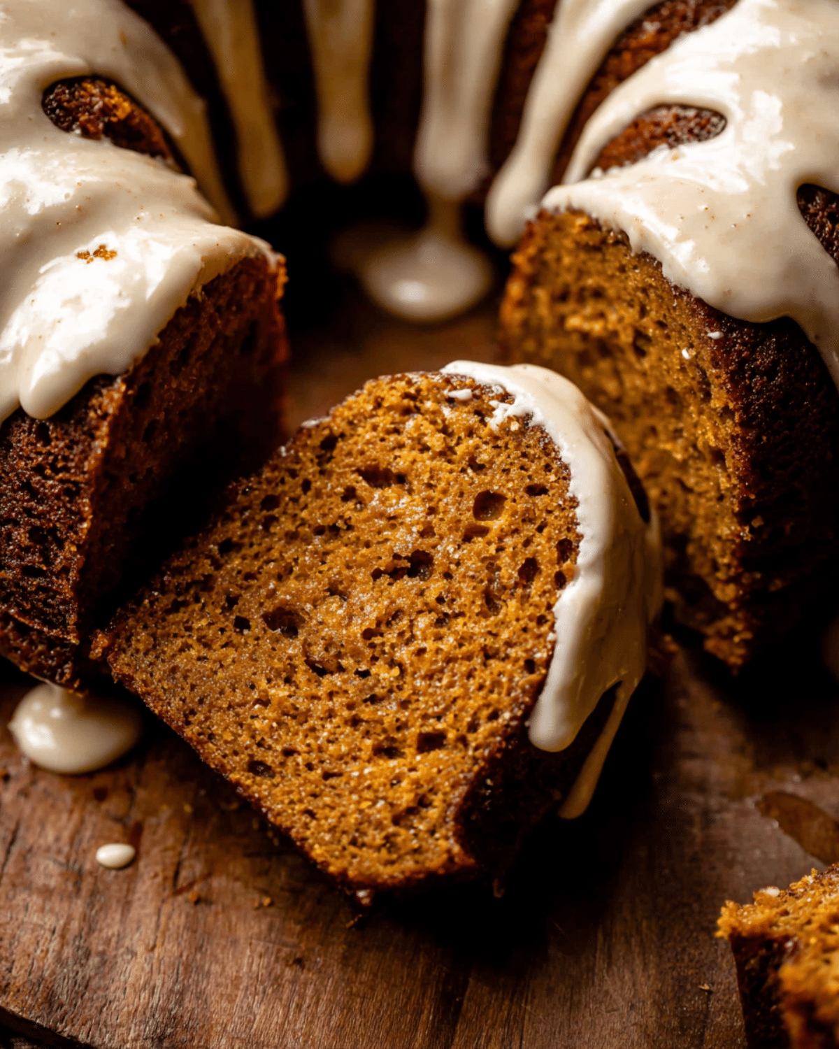 A moist slice of pumpkin bundt cake with creamy glaze, served on a wooden surface.