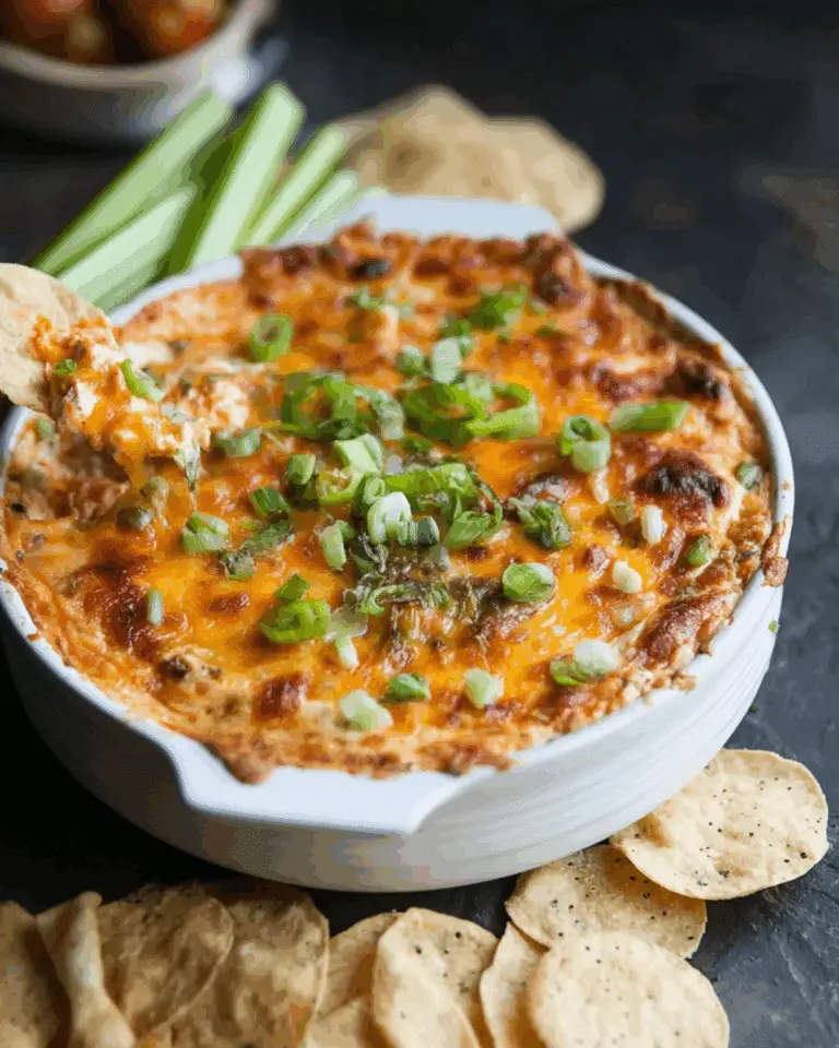 A baking dish filled with hot, cheesy buffalo chicken dip topped with melted cheese and chopped green onions, served with tortilla chips and celery sticks.