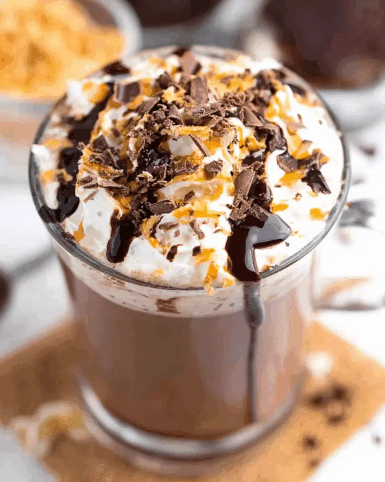 Glass mug filled with Baileys Hot Chocolate topped with whipped cream, chocolate shavings, caramel drizzle, and chocolate syrup.