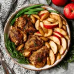 Plate of baked chicken with apples, green beans, and fresh rosemary garnish.