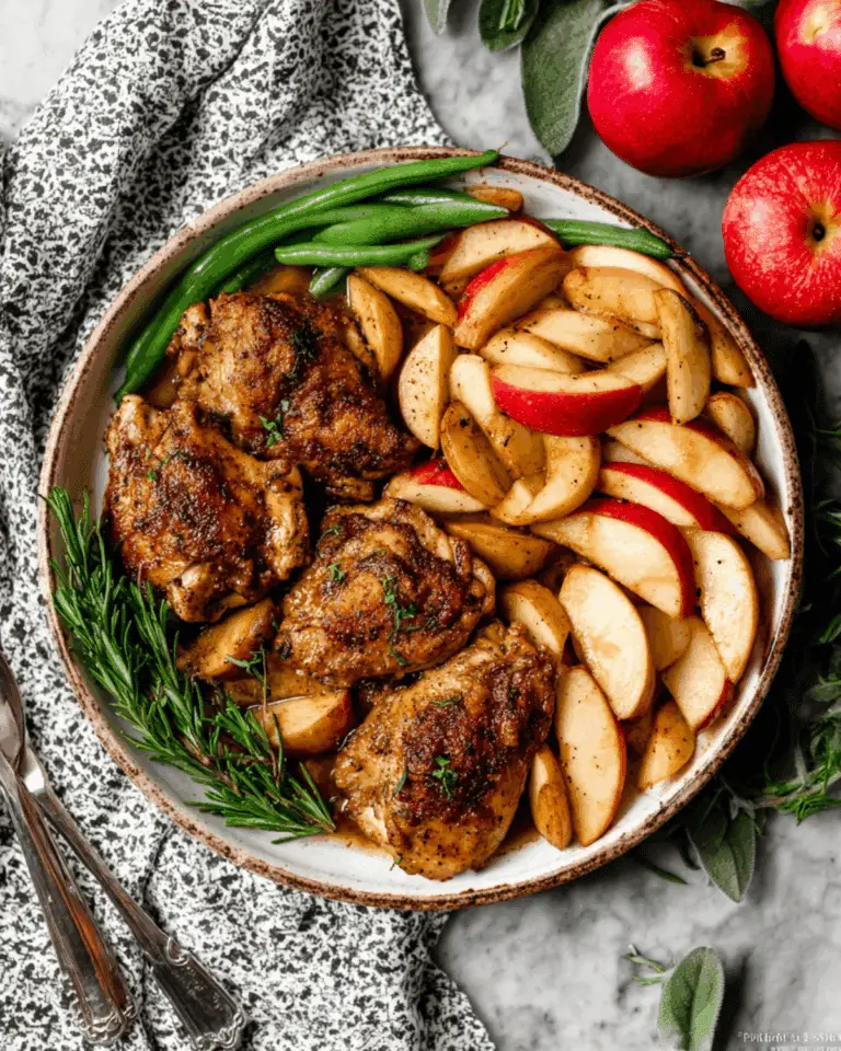 Plate of baked chicken with apples, green beans, and fresh rosemary garnish.