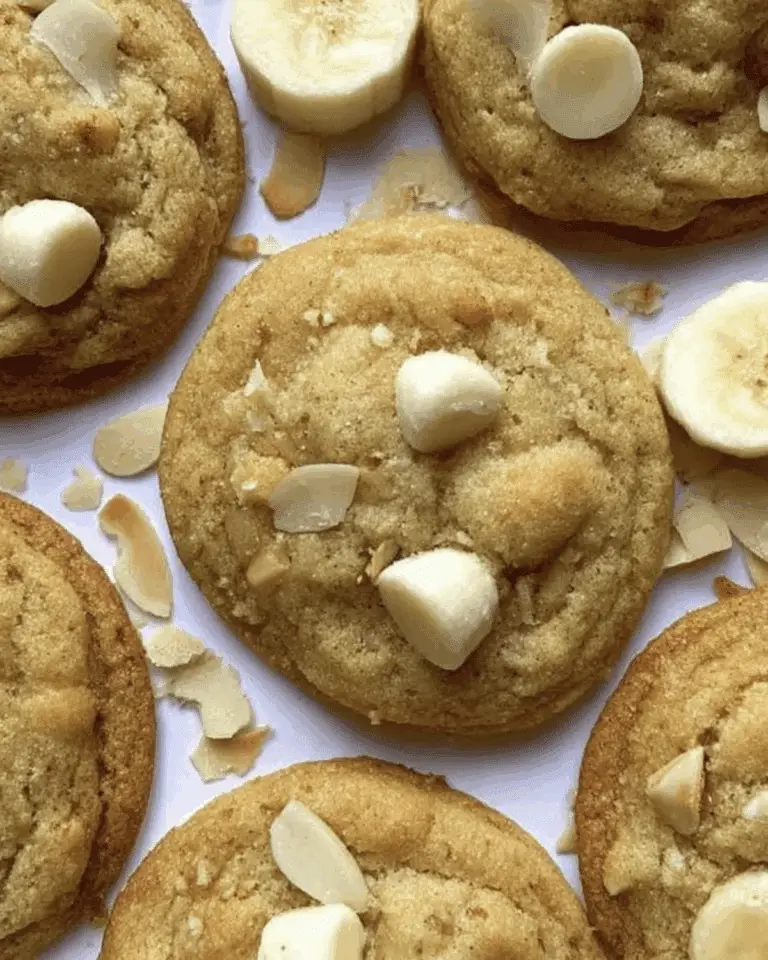 Close-up of Banana Pudding Cookies topped with white chocolate chips, banana slices, and toasted coconut flakes.