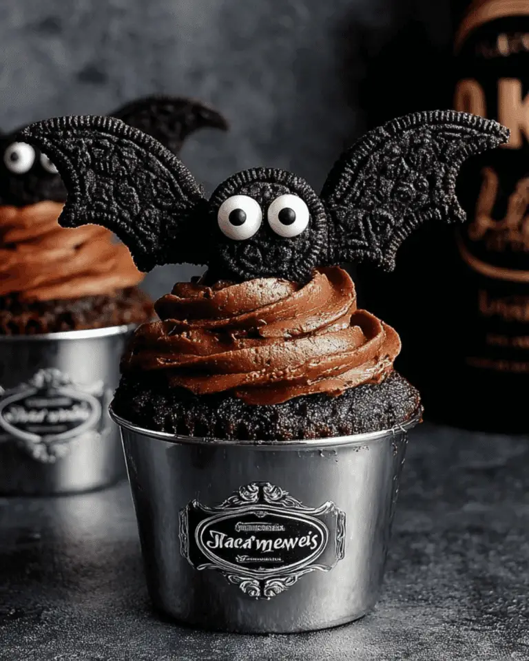 A chocolate bat cupcake decorated with Oreo cookie wings, candy eyes, and chocolate frosting in a silver wrapper.