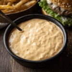 Bowl of creamy Big Mac Sauce with a spoon, served alongside fries and a burger in the background.