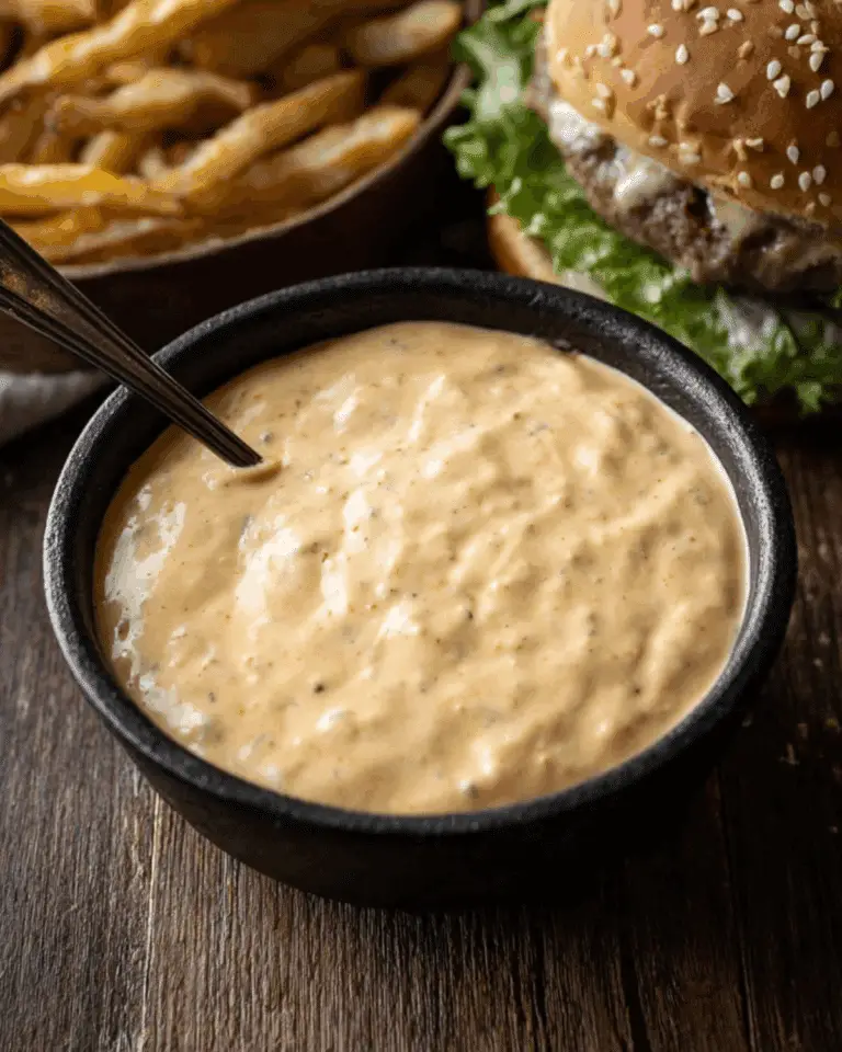Bowl of creamy Big Mac Sauce with a spoon, served alongside fries and a burger in the background.