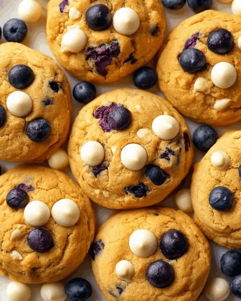 Blueberry Heaven Cookies topped with fresh blueberries and white chocolate chips on a white surface.