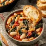 Bowl of burst tomato basil butter beans with spinach and onions, served with a slice of crusty bread.