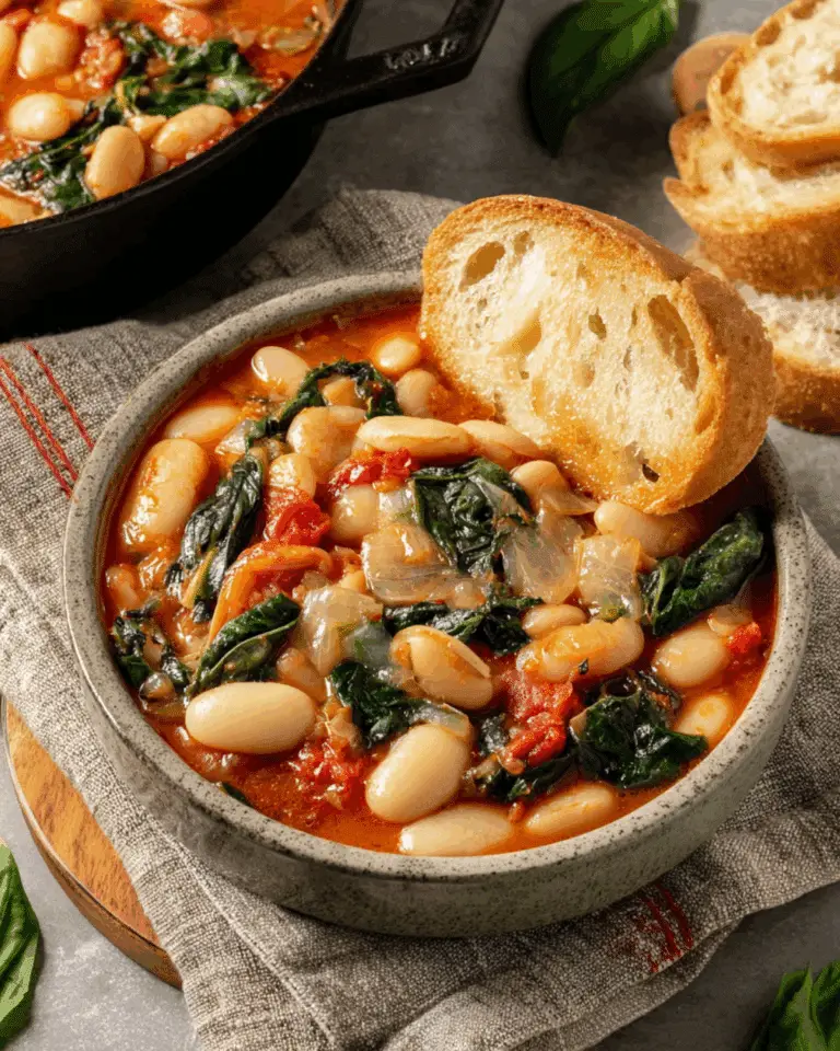 Bowl of burst tomato basil butter beans with spinach and onions, served with a slice of crusty bread.