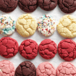 Assorted colorful cake mix cookies in chocolate, vanilla with sprinkles, red velvet, and strawberry flavors arranged neatly in rows.