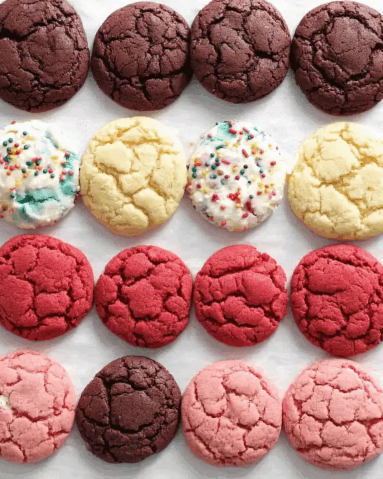 Assorted colorful cake mix cookies in chocolate, vanilla with sprinkles, red velvet, and strawberry flavors arranged neatly in rows.